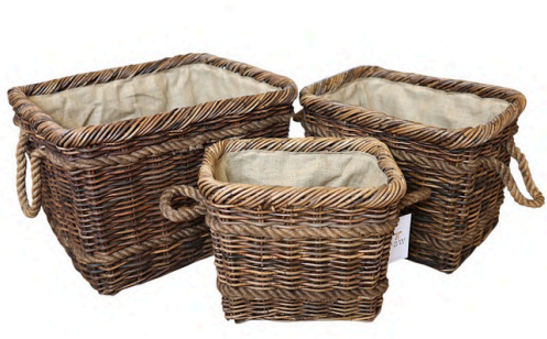 Set of 3 Rattan Baskets “Double Rope” — Rectangle. Brown Antique Finish