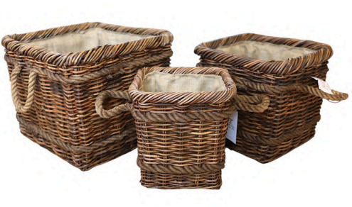Set of 3 Rattan Baskets “Double Rope” — Square. Brown Antique Finish