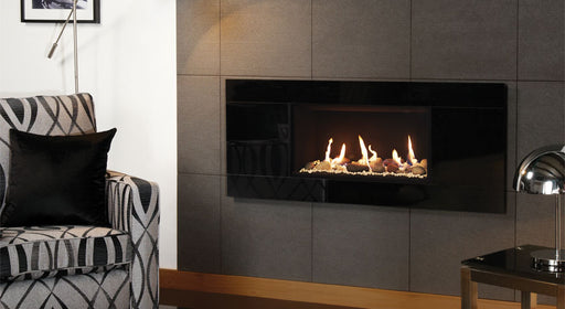 Gazco Studio 1 Glass gas fire Conventional Flue, with Pebble and White Stone fuel bed and Black Reeded lining with Linea Negro Tile Surround