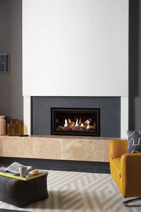 Gazco Studio 1 Edge Conventional Flue, with Driftwood-effect fuel bed and Black Glass lining