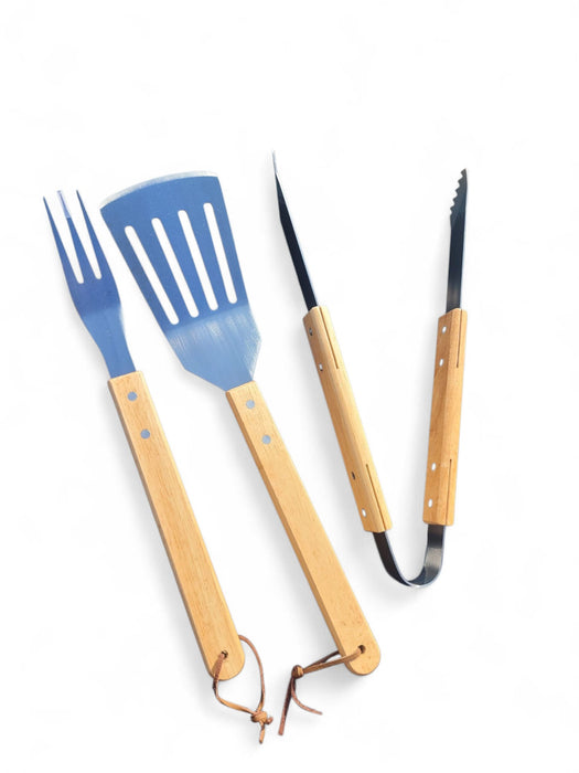 Stainless Steel BBQ Grill Tool Set 3-Piece With Wooden Handles