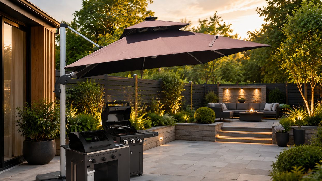 Luxury Commercial Grade Parasol Umbrella with Solar LED Lighting, Roman Coffee
