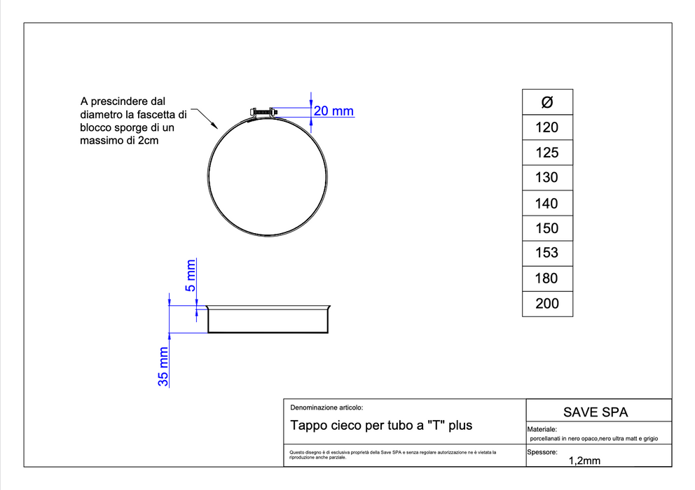 Save 6" Vitreous Enamel 90 Tee With Drain Plug Matt Black